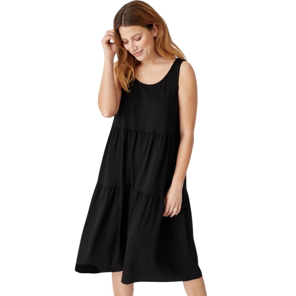 Eileen Fisher $228 Black Organic Linen Hankerchief Linen Tiered Midi Dress M
